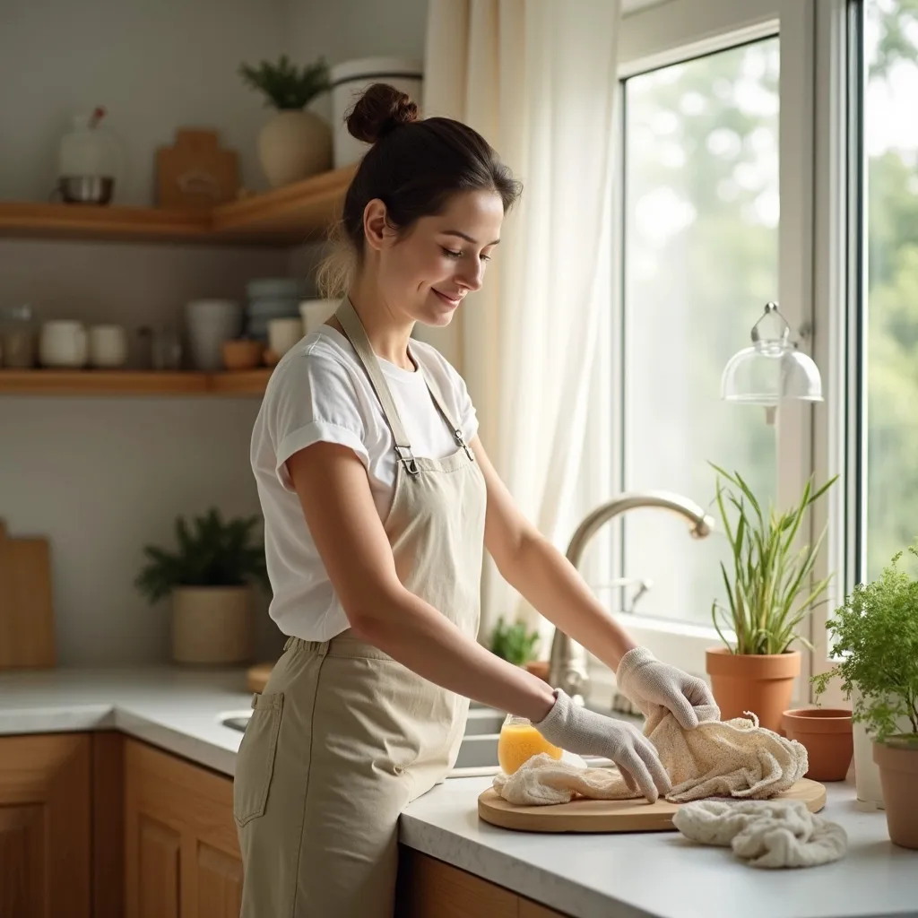 Prompt: mulher meia idade em casa, com roupas leves e simples , realista, com luz natural a fazer as tarefas domésticas