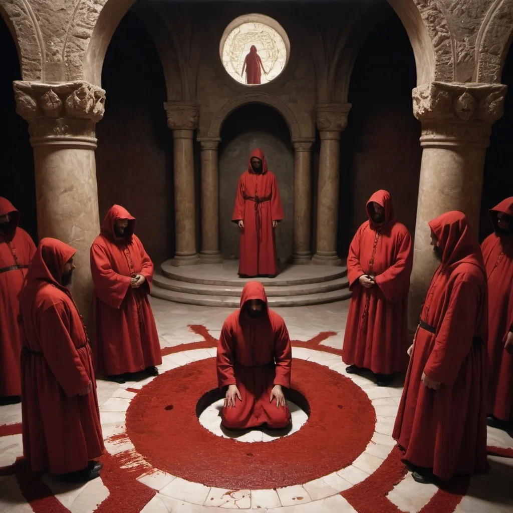 Prompt: Initiation of a supplicant to the blood circle, inside the blood temple of the Unbelievers of the Beheaded Devil