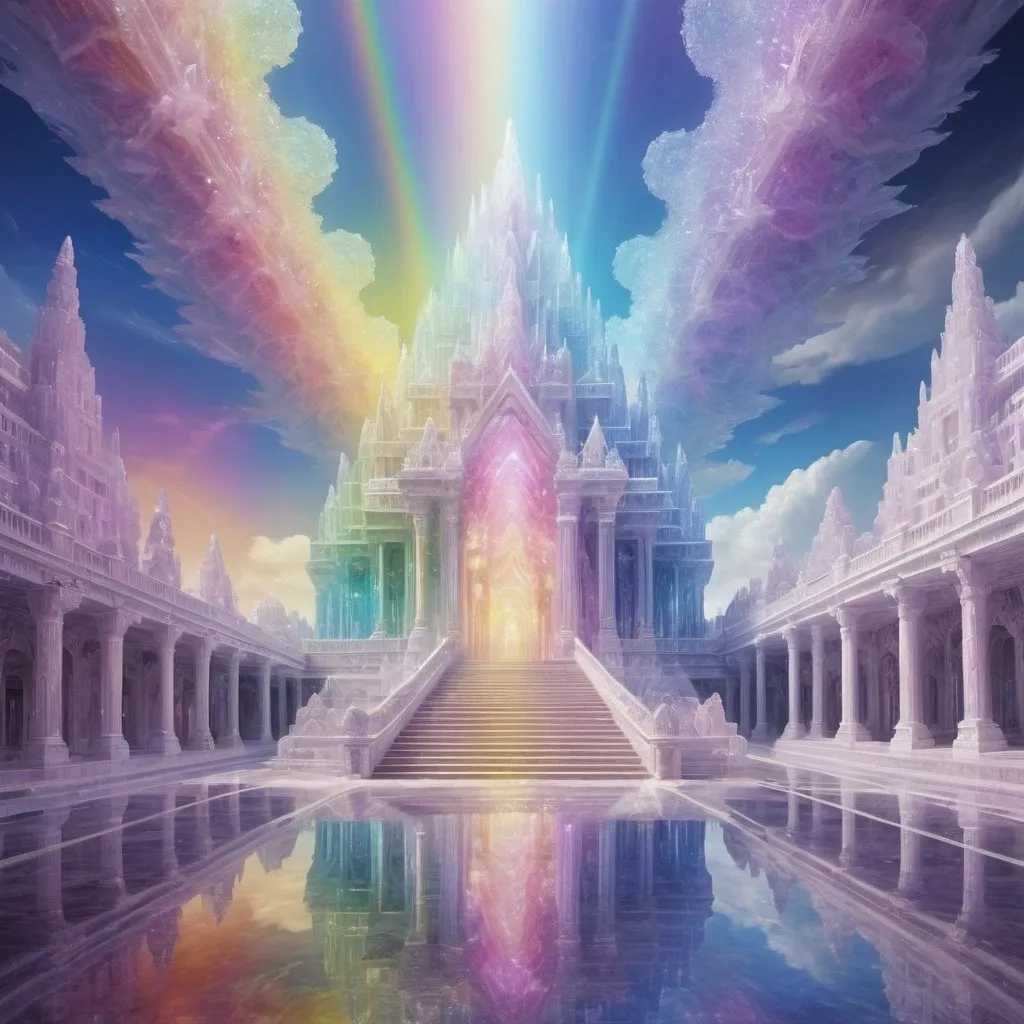 Prompt: crystalline palace in a rainbow dimension containing the face of god