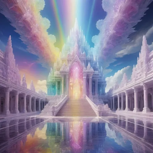 Prompt: crystalline palace in a rainbow dimension containing the face of god