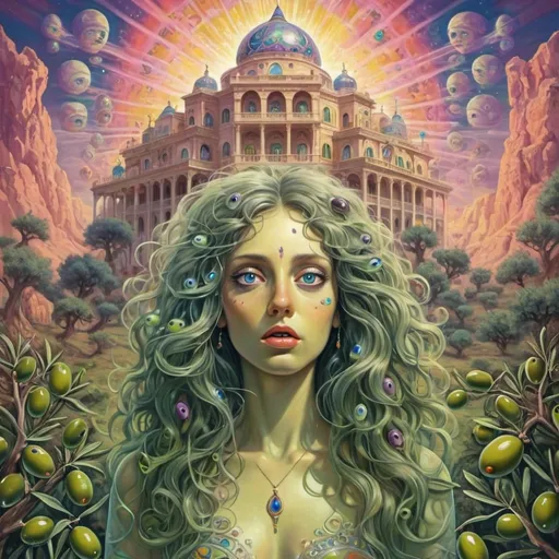 Prompt: acid trip of a lifetime,
see god,
transparent palace, growing olives, flowing hair,
many eyes, multidimensional