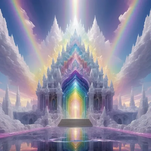 Prompt: crystalline palace in a rainbow dimension containing the face of god