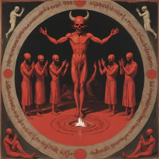 Prompt: Initiation of a supplicant to the blood circle, inside the blood temple of the Unbelievers of the Beheaded Devil