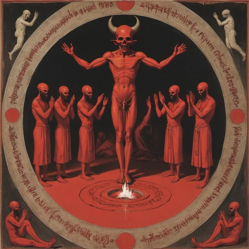 Prompt: Initiation of a supplicant to the blood circle, inside the blood temple of the Unbelievers of the Beheaded Devil