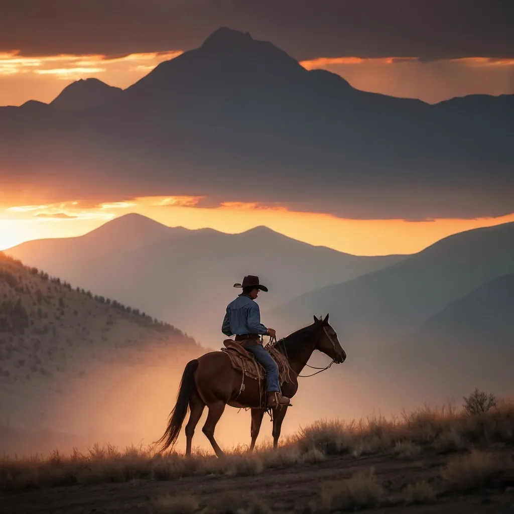 Prompt: young 
cowboy on horse in the distance 
mountain sunset


