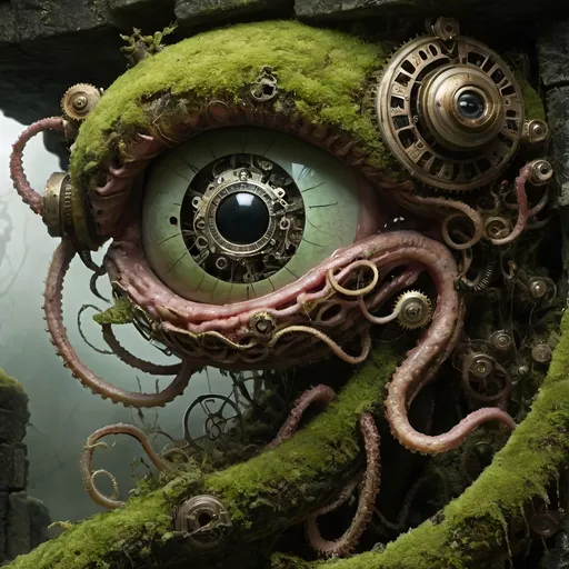 Prompt: biomechanical, clockwork horror, cyclops,tentacles, lichen, moss