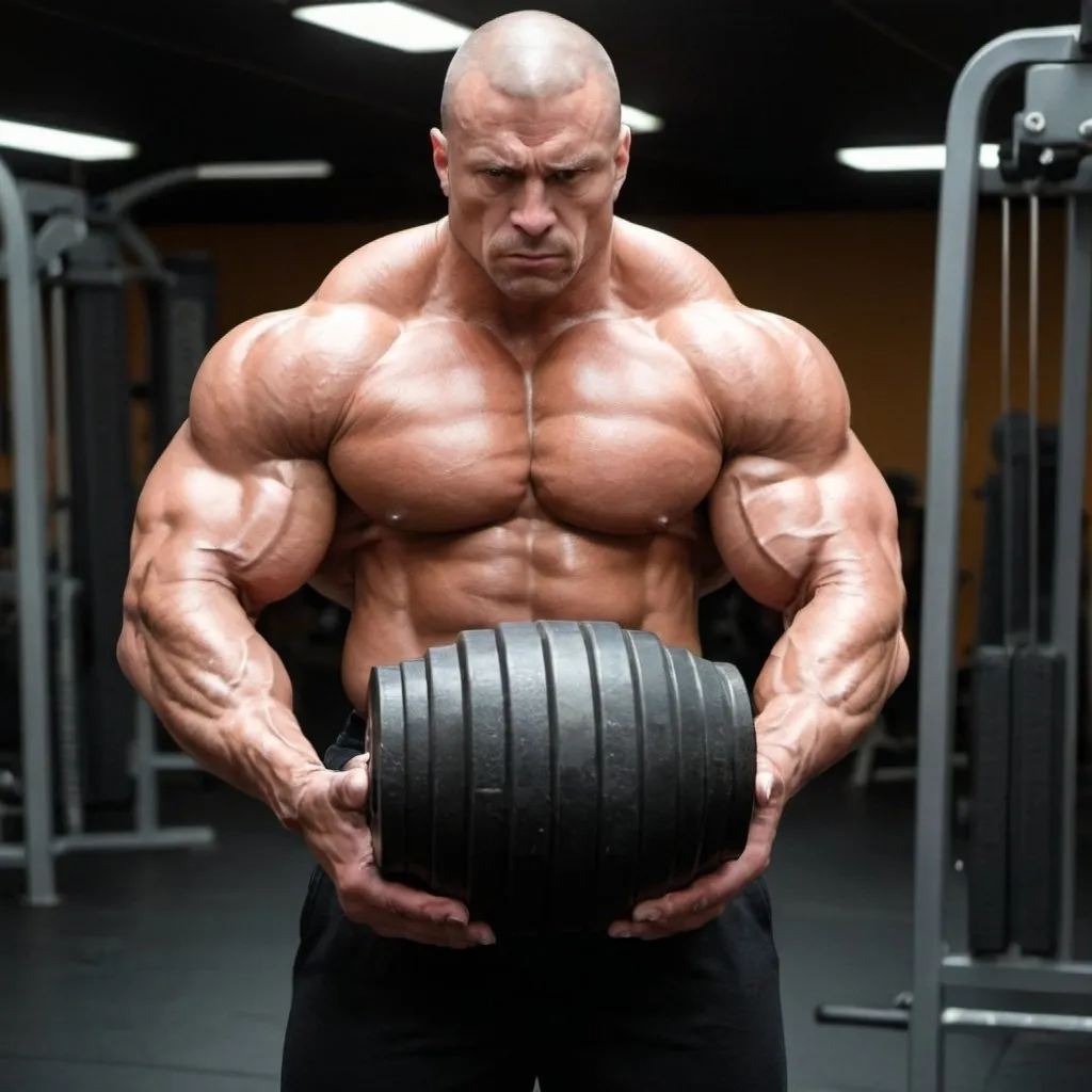 Prompt: 
An extremely extremely muscular man standing in a gym holding a really heavy weight in one of the mans hands 