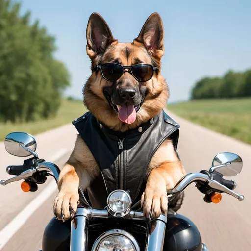 Prompt: A German Sheperd dog riding on a Harley easy rider motorcycle with sunglasses