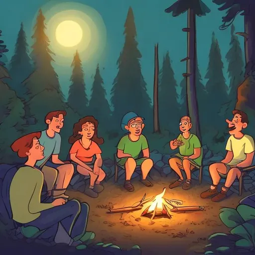 Prompt: Group of people sitting around a campfire in a forrest at night, listening to one woman telling a story, cartoon style