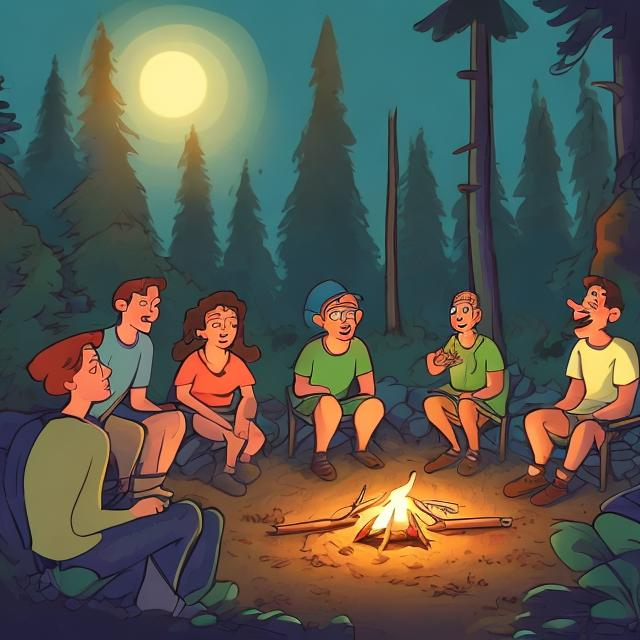 Prompt: Group of people sitting around a campfire in a forrest at night, listening to one woman telling a story, cartoon style