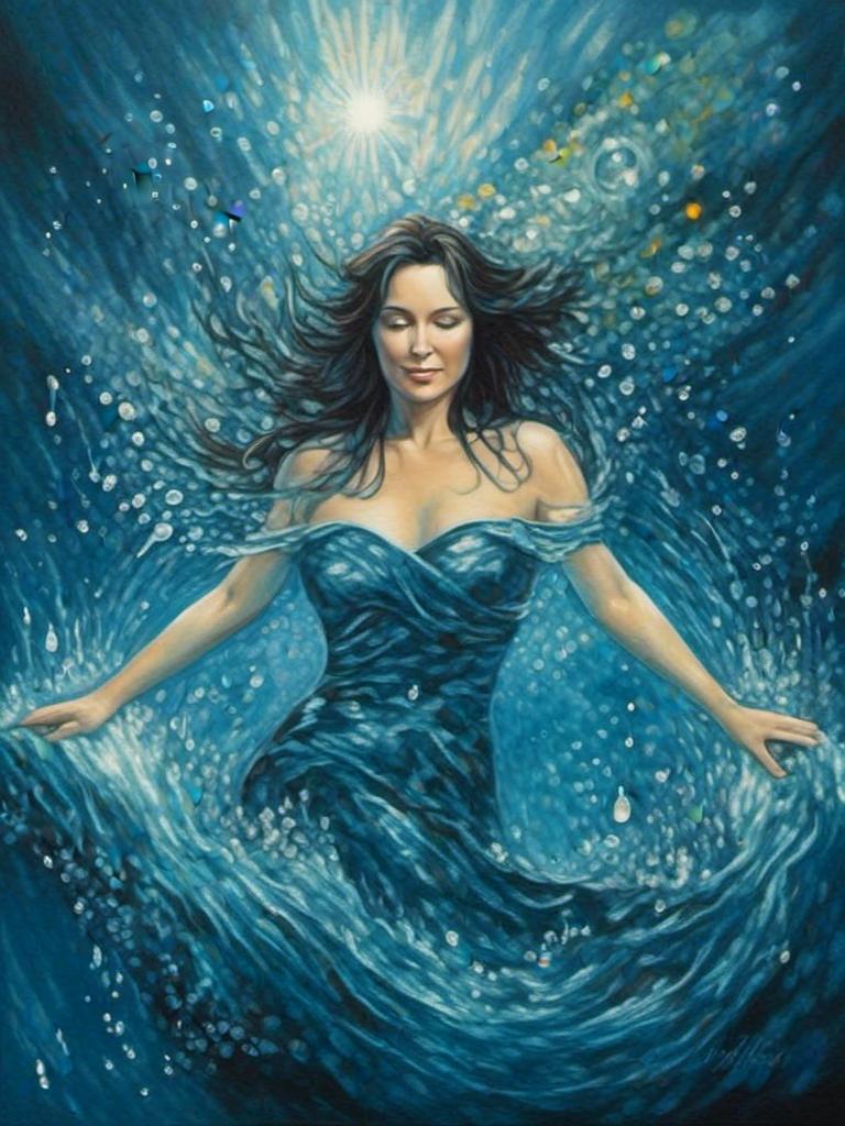 Prompt: <mymodel>(mystical water elemental) an enchanting representation of a female figure flourishing among flowing water, lively splashes, and radiant bubbles creating a serene atmosphere, vivid shades of aquamarine and deep blue tones, joyful and whimsical mood, sparkling sunlight reflecting on the water surface, ultra-detailed, capturing the essence of nature's beauty, Harmony and tranquility combined.