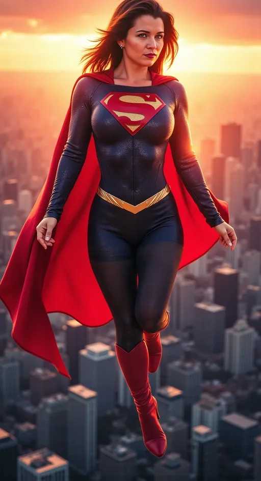 Prompt: (A heroic woman in a superman costume), soaring gracefully above a bustling cityscape, skyline shimmering under the setting sun, (dynamic pose), nerves of steel, vigilant gaze scanning for danger below, vibrant colors, with a backdrop of towering skyscrapers and a colorful sunset, (ultra-detailed), evoking a sense of adventure and superheroic bravery.