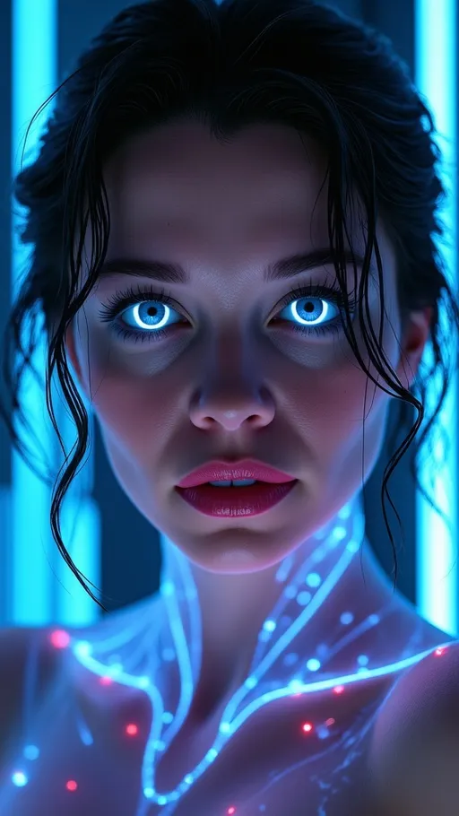 Prompt: (ultra-detailed) beautiful woman, (cybernetic) features, (glowing) eyes, (luminescent) hair made of fiber optic cables, (light) visibly running through her veins, (sci-fi theme) dynamic and ethereal atmosphere, vibrant colors, (high contrast) dramatic lighting, futuristic background with tech elements, (majestic) pose, (4K resolution)