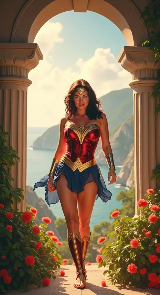 Prompt: (A stunning woman) in a striking Wonder Woman costume, posing confidently against a backdrop of (magnificent Greek architecture), bathed in (golden sunlight), surrounded by lush greenery and vibrant flowers. The scene captures the essence of a (idyllic paradise island), showcasing intricate details of ancient columns and serene ocean views, evoking a sense of strength and tranquility. (4K) ultra-detailed imagery enhancing the dramatic, heroic ambiance.