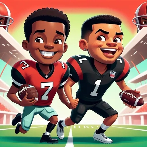 Prompt: (cartoon image of two football players eloping), (Kyler Murray in a vibrant red jersey), (Drake London in a bold black jersey), dynamic poses, cheerful expressions, exaggerated features, whimsical background, bright and fun colors, playful atmosphere, cartoonish style reminiscent of Spongebob, lively and engaging composition, ultra-detailed and high-quality illustration. Show them at an altar, but wearing there football gear. 