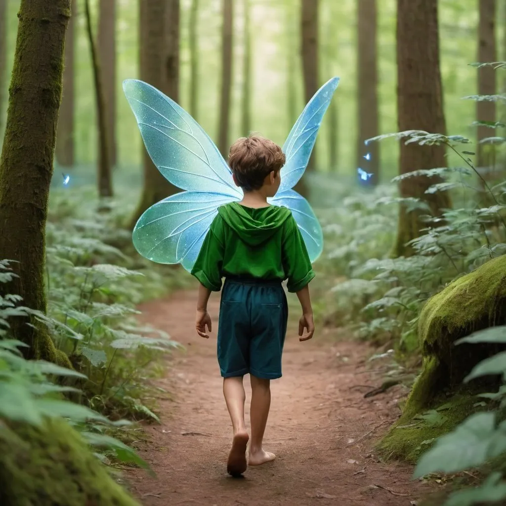 Prompt: a young boy with green clothe walking through the forest a with a blue fairy flying near its shoulder