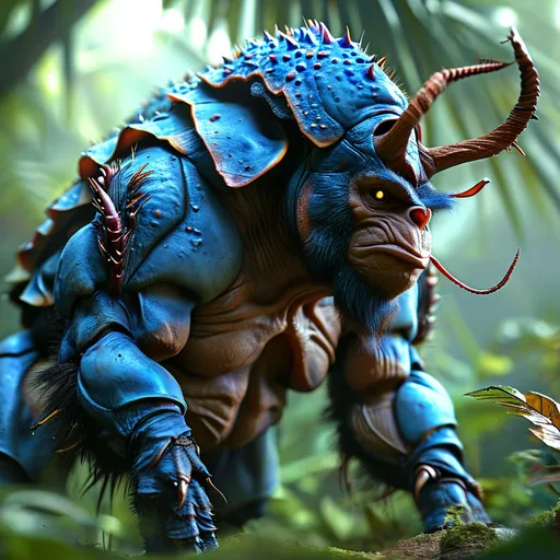 Prompt: (Ultra realism creature), Giant beetle/gorilla hybrid, thick hulking (spiky carapace), gorilla face, rhinocherus Horn on forehead. Extremely broad hulking shoulders, massive biceps, bulky hands,  dynamic pose, gorilla expression, detailed textures, vivid colors, rich shadows, intriguing background of a mystical jungle, atmospheric lighting, captivating and dramatic vibe, (highly detailed), (high-quality). Blue in color