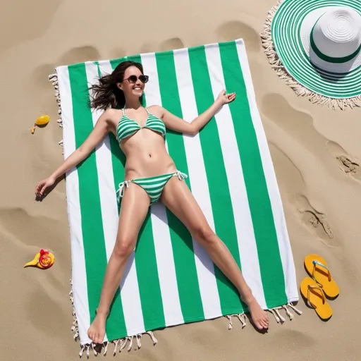 Prompt: Create a person in the beach with a green striped beach towel 