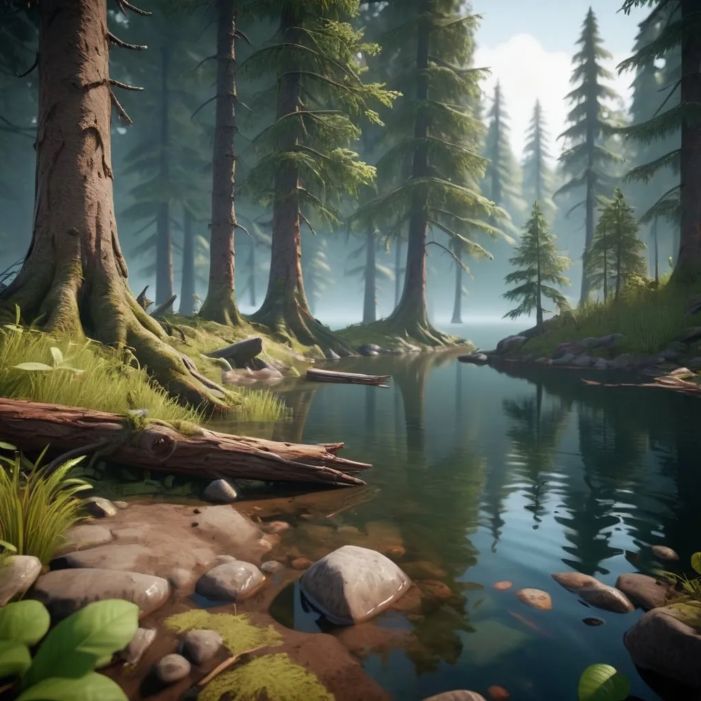 Prompt: a mysterious forest next to a lake, high quality, unreal engine