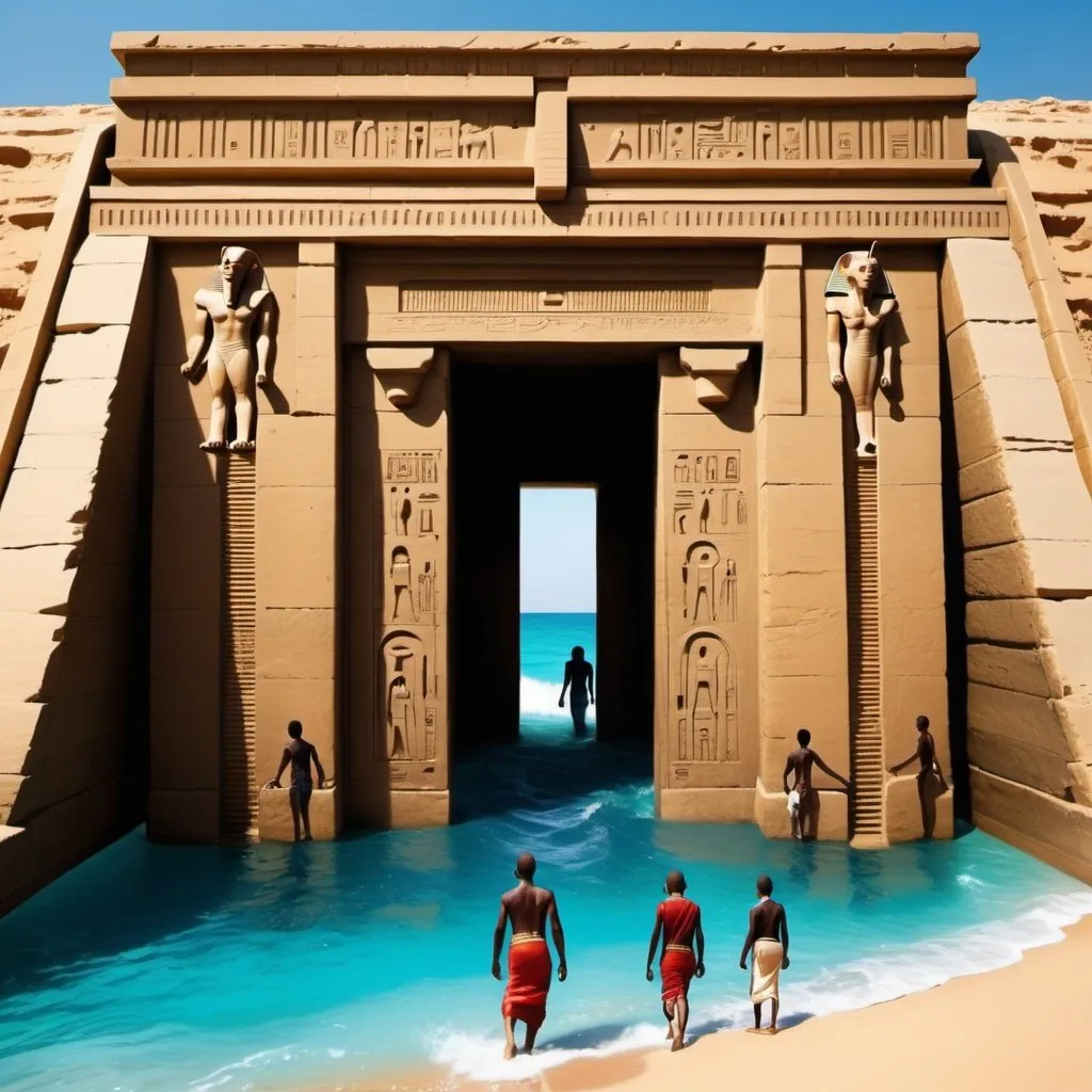 Prompt: Like 6 african people , emerging from a enclosed dark egyptian temple to a rectangular water portal , that leads them into a beach establishmnt