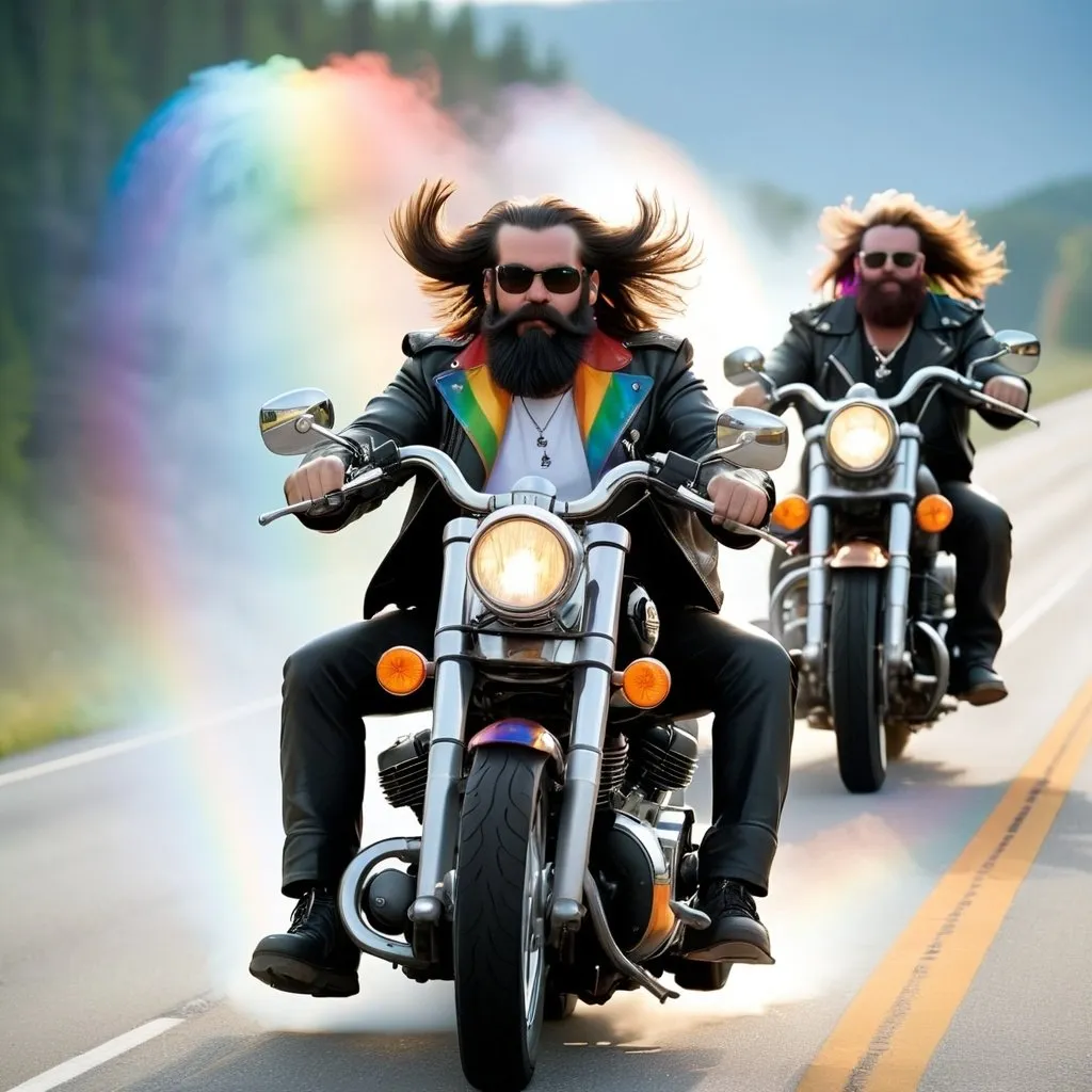 Prompt: Group of bikers riding down the highway dressed in stereotypical black leather wearing beards and rainbows coming out of their motorcycle exhaust pipes. 