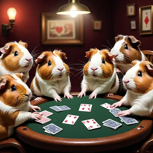 Prompt: Draw me a cute cartoon picture of guinea pigs playing poker