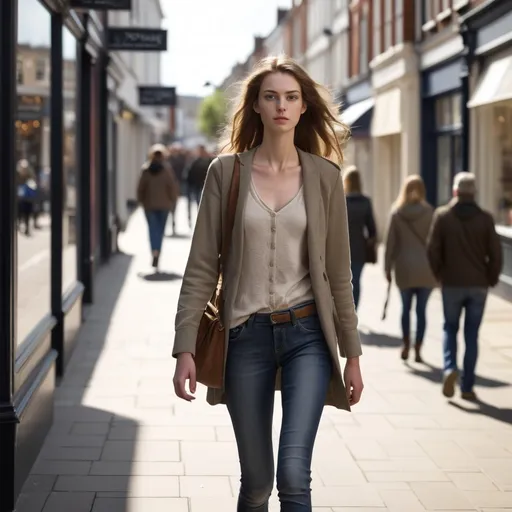 Prompt: Tall young woman walking down the high street, detailed clothing, realistic, natural lighting