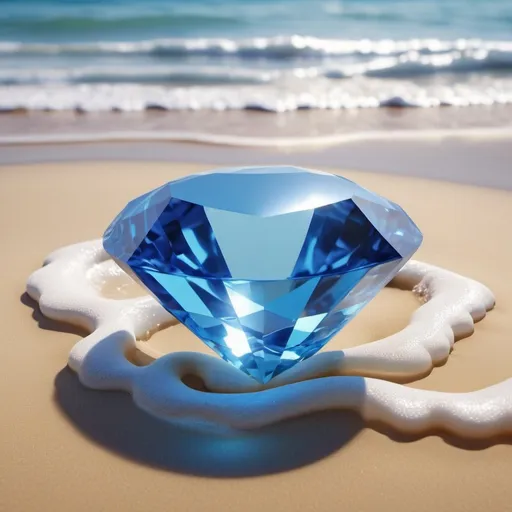Prompt: A photorealistic shot of big blue gem. The big blue gem is in the waves of a beach. There is a air pocket around it.