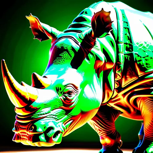 Prompt: A photorealistic shot of a rhino. The rhino is a big emerald carved to look like a rhino. Th rhino is on the Savanah 