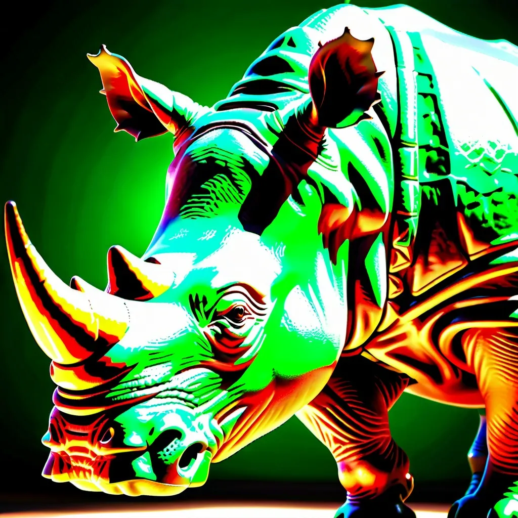 Prompt: A photorealistic shot of a rhino. The rhino is a big emerald carved to look like a rhino. Th rhino is on the Savanah 