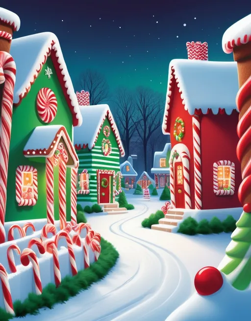 Prompt: Whimsical illustration of Candy Cane Lane, vibrant green and bold red, festive holiday setting, charming gingerbread houses with candy details, snowy winter scene, high quality, detailed illustration, festive, bright colors, candy cane lane, winter wonderland, whimsical, holiday cheer, snowy landscape, cheerful atmosphere, professional, atmospheric lighting
