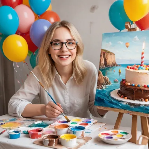 Prompt: Woman with blond hair and glasses. It’s her birthday. She is painting. We see paint tubes. And pictures of landscapes and sea. She is happy. And we see balloons and cake 