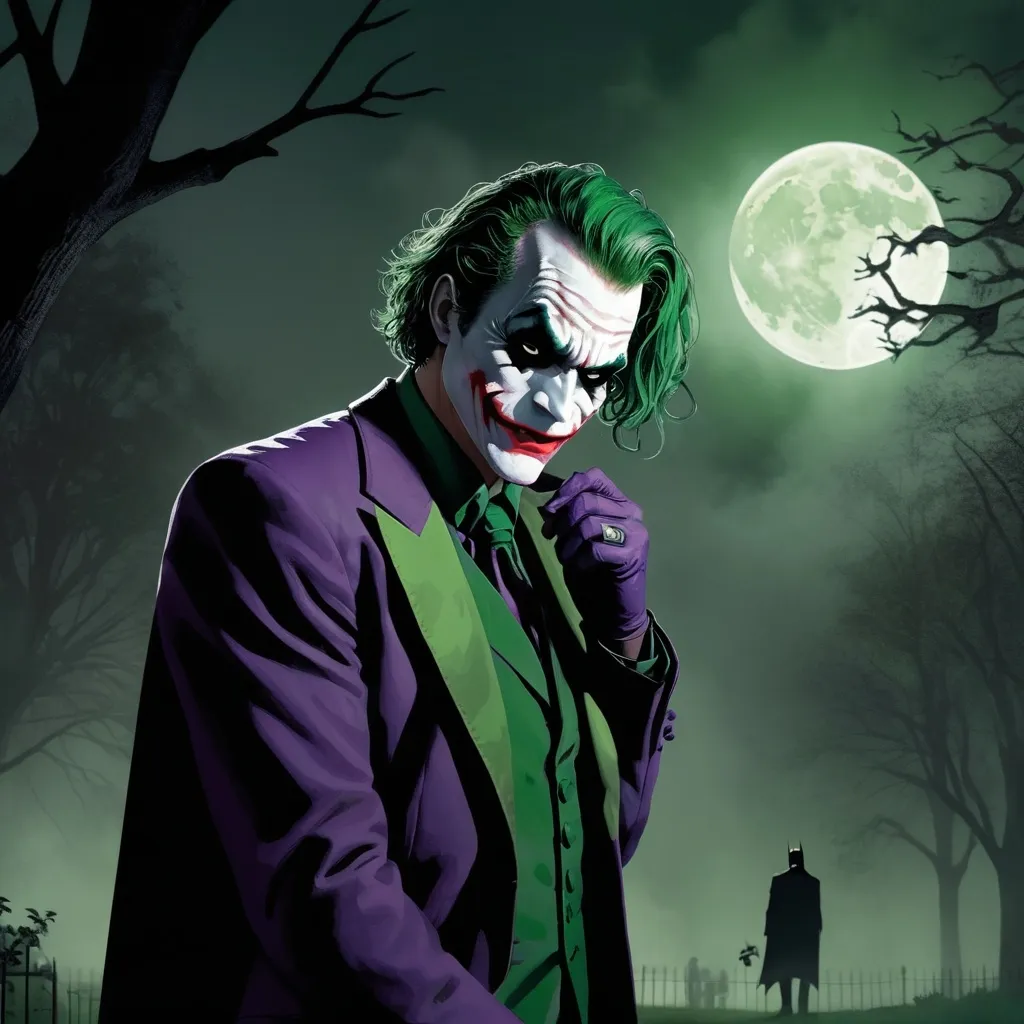 Prompt: In a dimly lit, fog-covered park late at night, Batman facing joker with his suit and face paint and green hair The scene is tense, with a full moon casting eerie shadows on the trees. Joker having a crowber in his hand