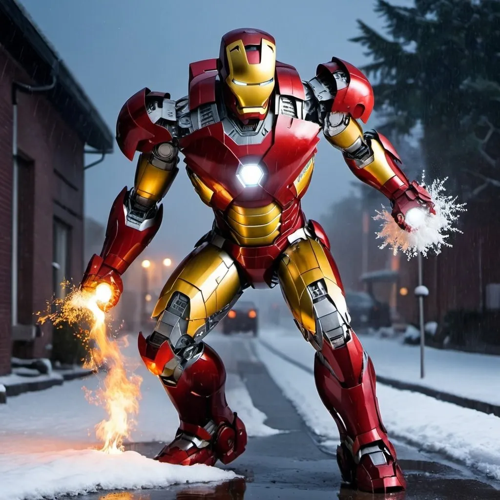 Prompt: iron man as a transformer rainy night with fire and snow


