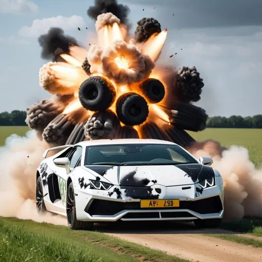 Prompt: a black and white lambogini with a huge spoiler and a number plate written razer king driving through a field of exploding bombs
