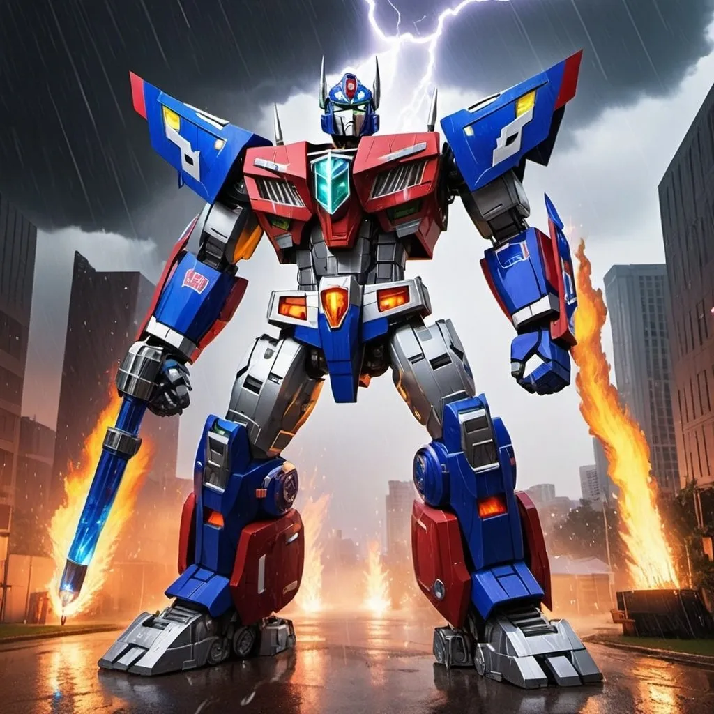 Prompt: voltron combined with optimus prime full mode lightning and fire in the background while raining anime themed
