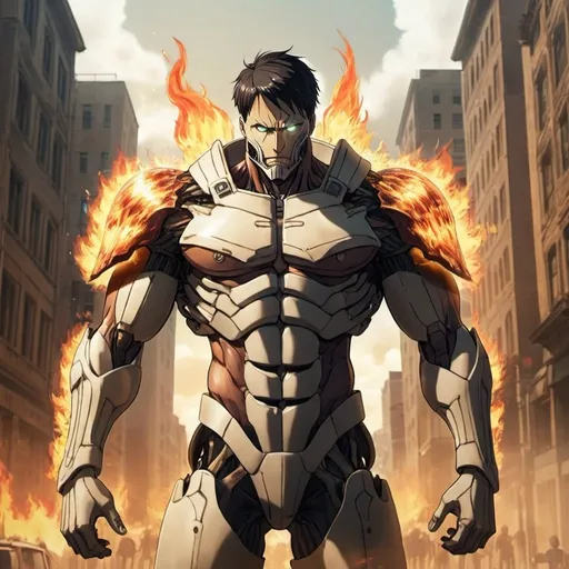 Prompt: a man changing into a titan from AOT flames allover in a city background with armor

