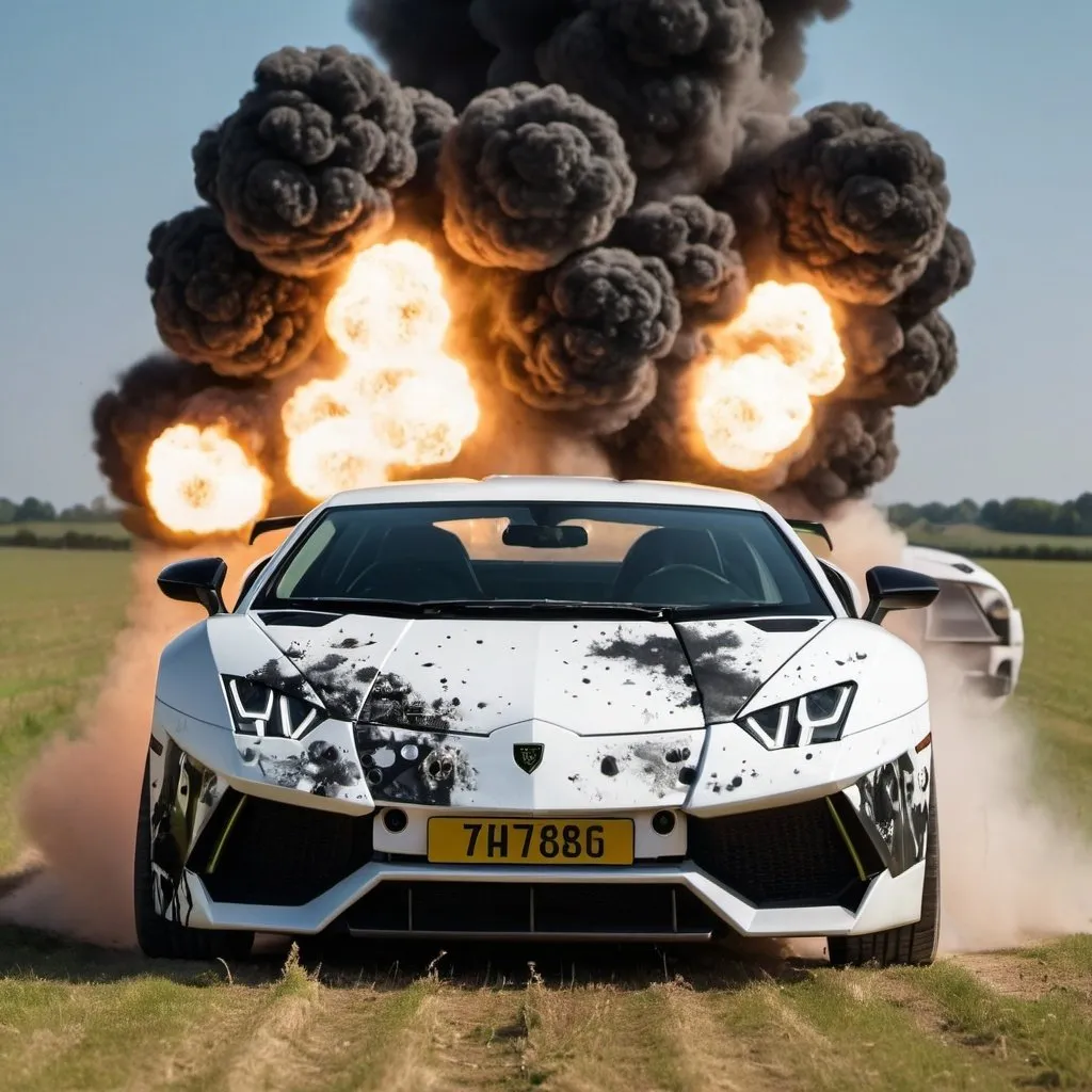 Prompt: a black and white lambogini with a huge spoiler and a number plate written razer king driving through a field of exploding bombs at night
