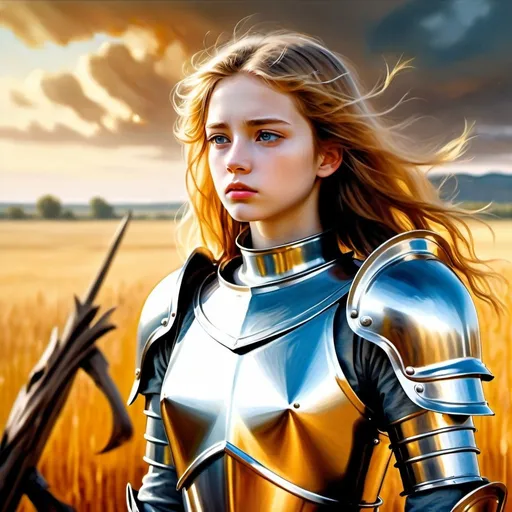 Prompt: Majestic girl wearing a suit of armor  from an anime overlooking a vast field of dead bodies realistic oil painting, golden mane blowing in the wind, intense focus, high quality, realistic, warm tones, natural lighting 