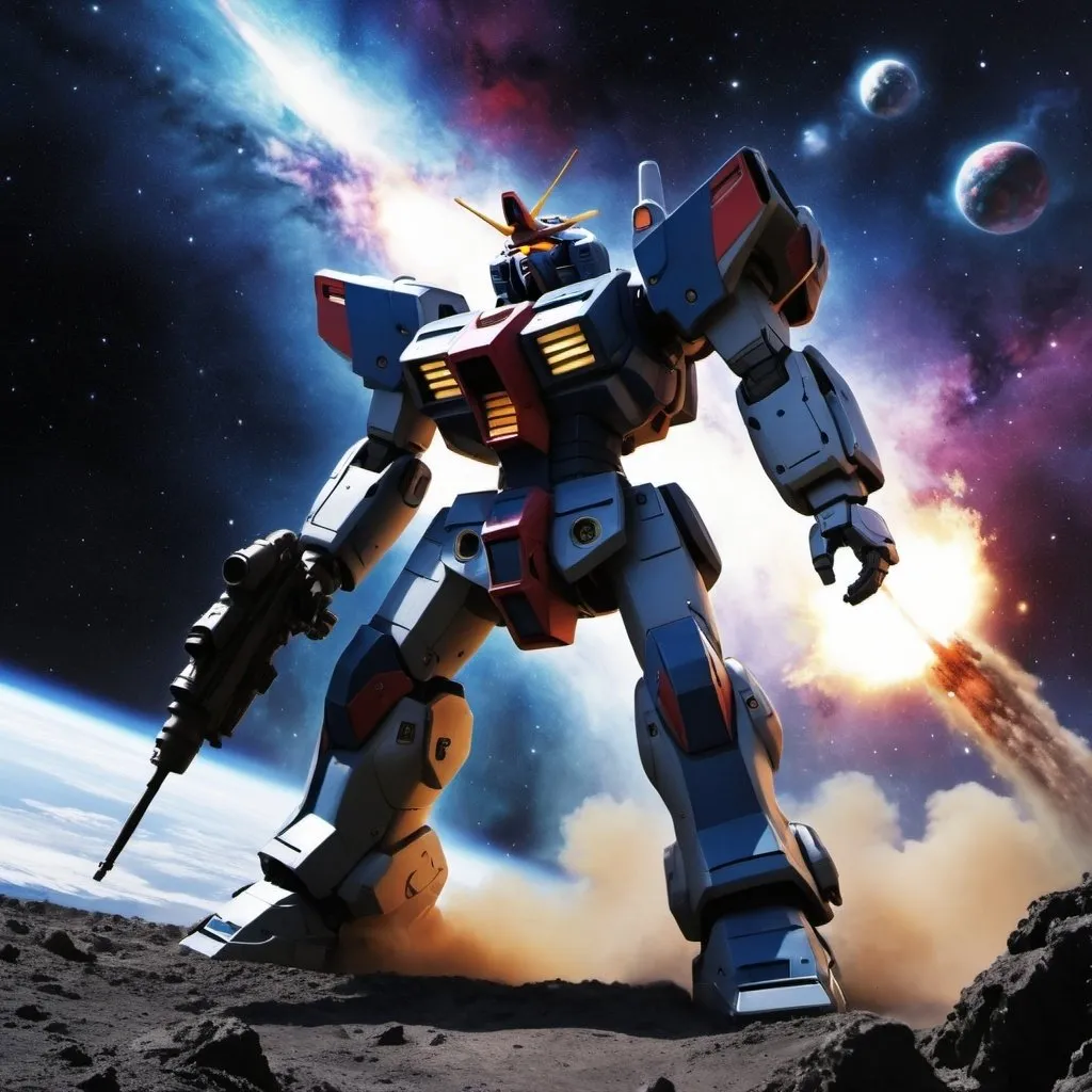 Prompt: a mobile suit with two canons ziping through a galaxy like enviroment
