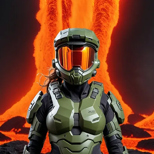 Prompt: a woman in a military xo suit halo background half coverd with lava