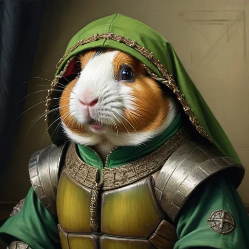 Prompt: Portrait Painting by Van Eyck, guinea pig dressed as a ninja turtle, amazingly intricate,detailed background