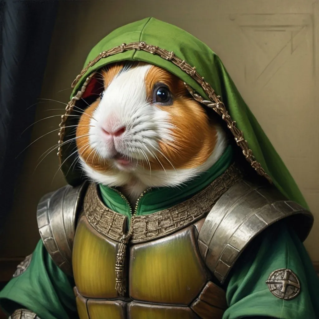 Prompt: Portrait Painting by Van Eyck, guinea pig dressed as a ninja turtle, amazingly intricate,detailed background