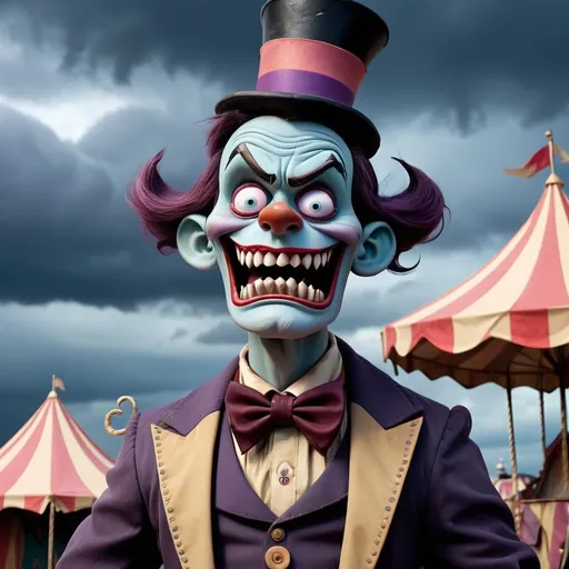 Prompt: Disney style freakshow, freaks outside drab colors, stormy clouds