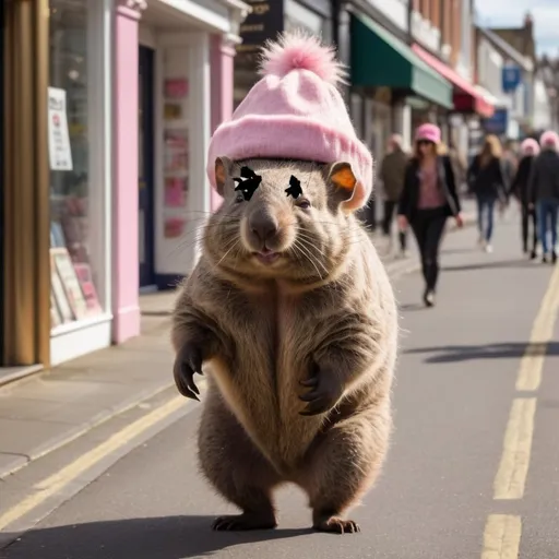 Prompt: Tall wombat walking down the high street, 70's clothing, pink fuzzy hat, gold jewelry, sunglasses, realistic, natural lighting