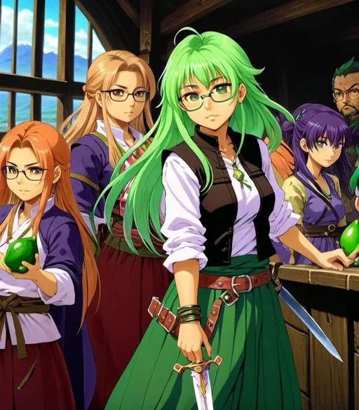 Prompt: Pretty hmong girl wearing glasses, emerald  eyes, shy looking character, holding an lime dagger, in a massive tavern, lime-witches in the background, fantasy anime character art, illustration, dnd, dark green tone