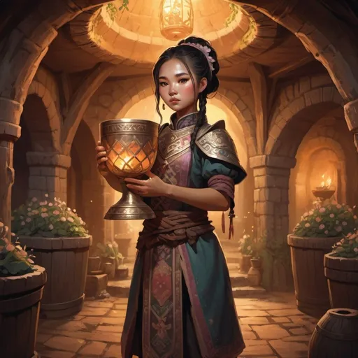 Prompt: hmong girl character holding a massive chalice in a massive underground, medieval floral tavern, fantasy character art, illustration, dnd, warm tone