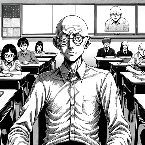 Prompt: Junji Ito manga style, bald man wearing glasses in a classroom, manga scene, 