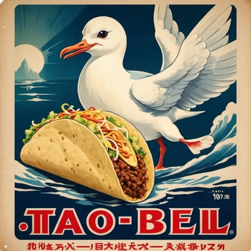 Prompt: japanese taco bell as 1930s Disney propaganda poster, seagull from little mermaid
