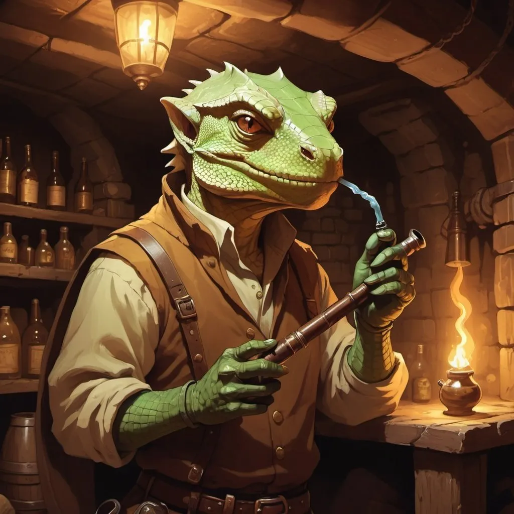 Prompt: lizard-man character holding a pipe in a huge underground tavern , fantasy character art, illustration, dnd, warm tone, cheese on the shelf